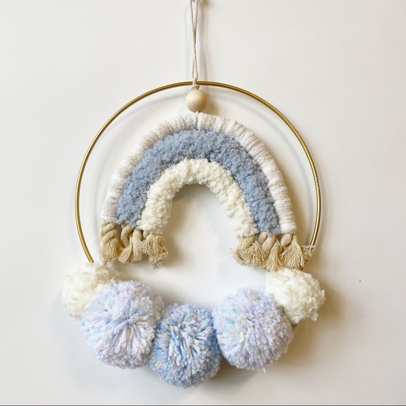 Rainbow Pom Pom Baby Nursery Wreath Blue Handmade - Picture 1 of 4